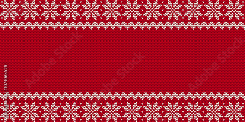 Christmas horizontal background with classic winter sweater design. Nordic knitted pattern with snowflakes and borders. Vector illustration.