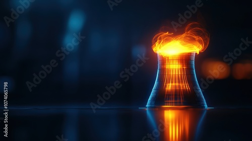 Futuristic depiction of a nuclear reactor with glowing flames and reflections. photo