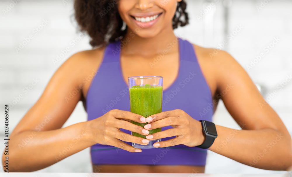 Healthy Drink. Smiling Black Girl Holding Glass With Delicious Detox Smoothie, Close Up Healthy Drink. Smiling Black Girl Holding Glass With Delicious Detox Smoothie, Close Up