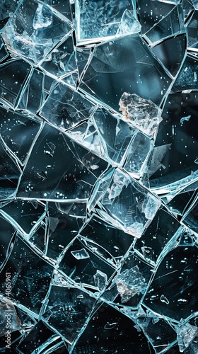 Close-up of Shattered Glass with Broken Pieces in Portrait Format photo