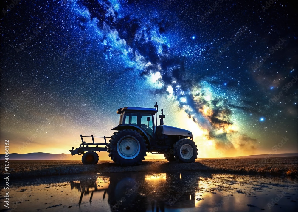 Obraz premium Captivating Night Photography of an Irrigation Tractor in Contre Jour, Showcasing Dramatic Silhouettes Against a Starry Sky, Perfect for Agricultural and Landscape Themes
