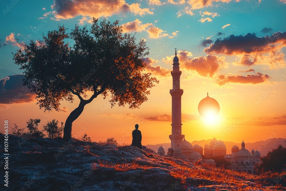 Fototapeta premium Silhouette of a Person Standing Against a Sunset with a Mosque in the Background