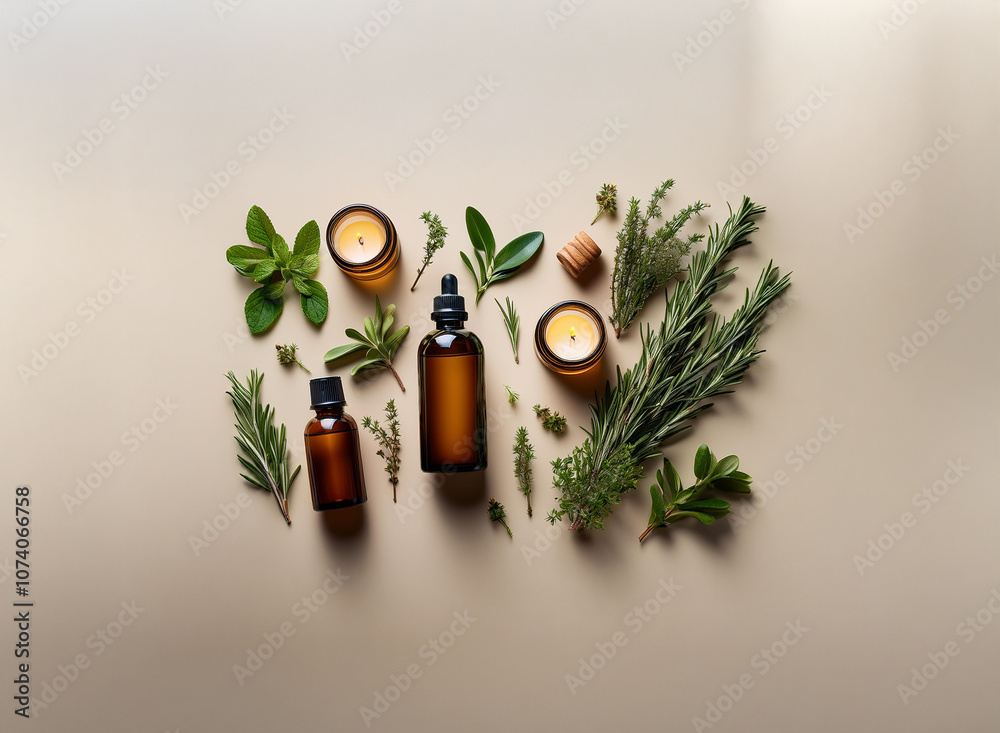 A flat lay of amber glass bottles of essential oils and candles, surrounded by sprigs of fresh herbs. A flat lay of amber glass bottles of essential oils and candles, surrounded by sprigs of fresh herbs.