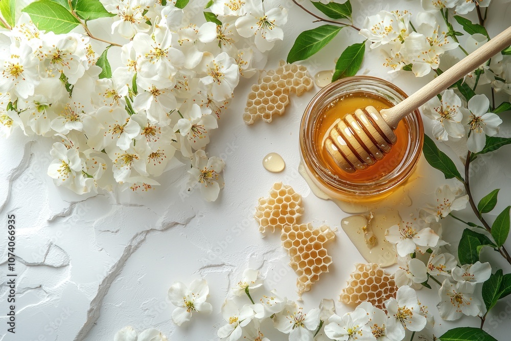 Honeycomb, Honey, and White Blossoms on a White Background Honeycomb, Honey, and White Blossoms on a White Background