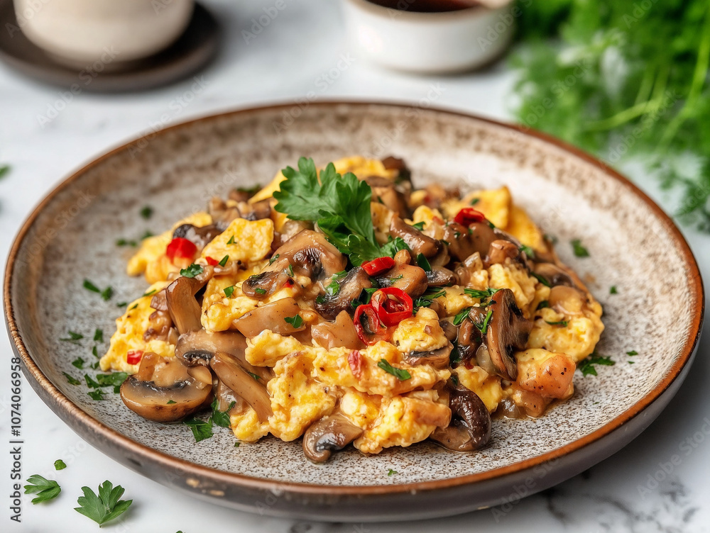 Scrambled Eggs with mushrooms, peppers