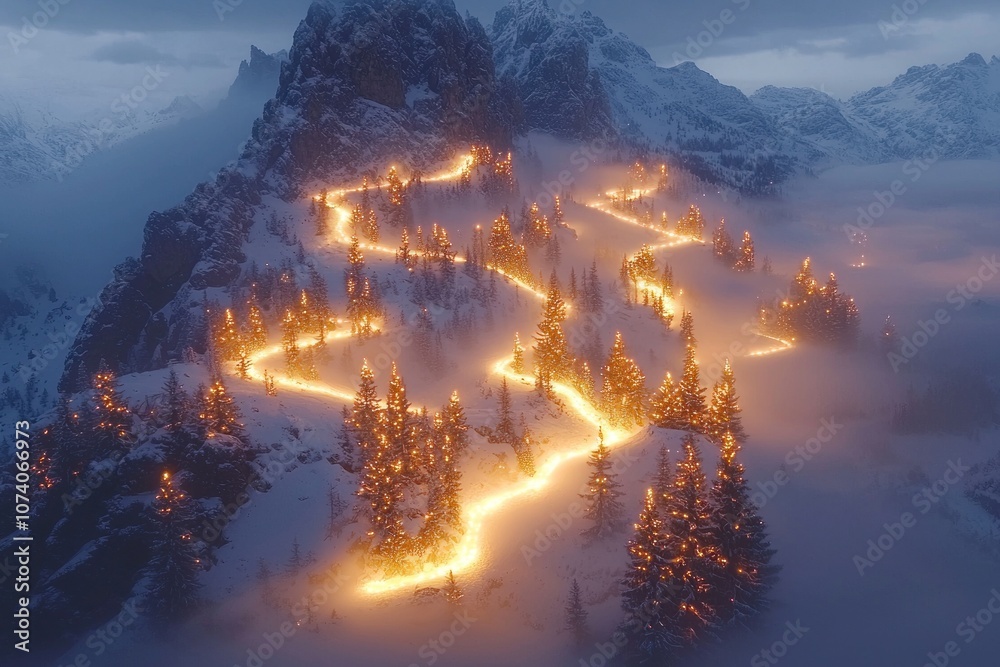 Fototapeta premium A Winding Path Lit by Lights Through a Snowy Mountain Forest