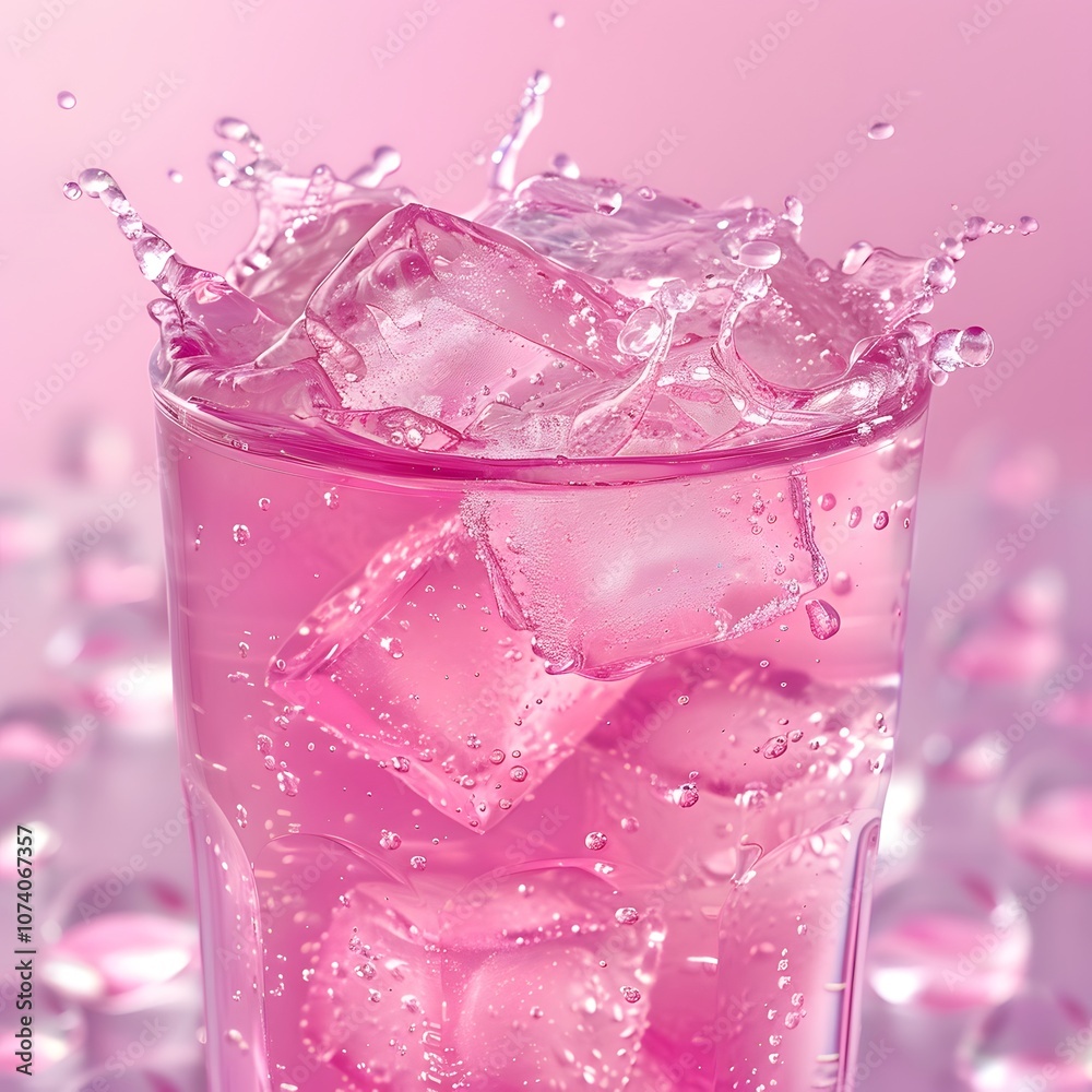 A refreshing pink drink with ice cubes splashing in a glass against a soft pink background. A refreshing pink drink with ice cubes splashing in a glass against a soft pink background.