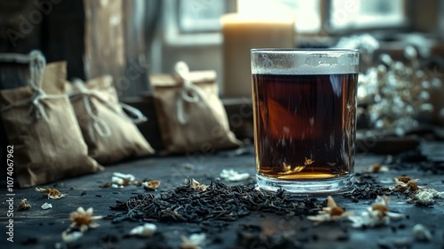 Dark beer in a transparent glass on a table, surrounded by scattered tea leaves and tea bags on a wooden surface.