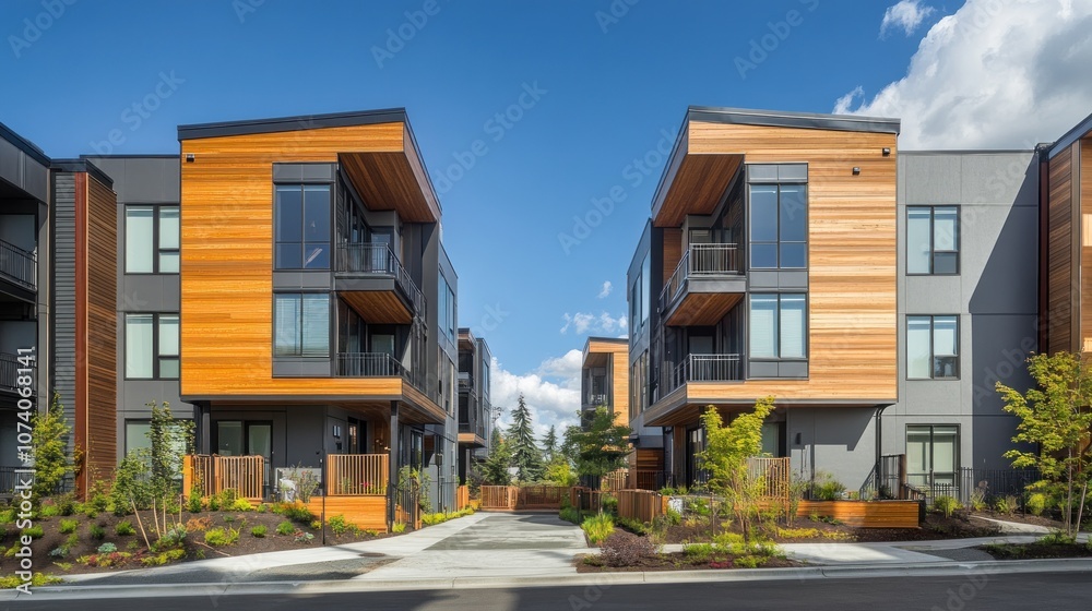 Modern apartment complex with wooden accents and landscaping. Modern apartment complex with wooden accents and landscaping.