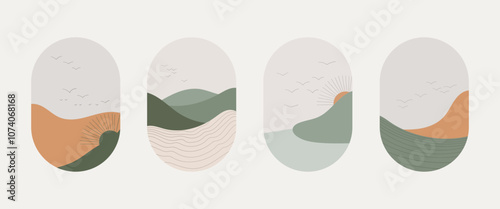 A simple minimalist composition with a sunset over the hills. Soft pastel shades are used to create a calming mood.