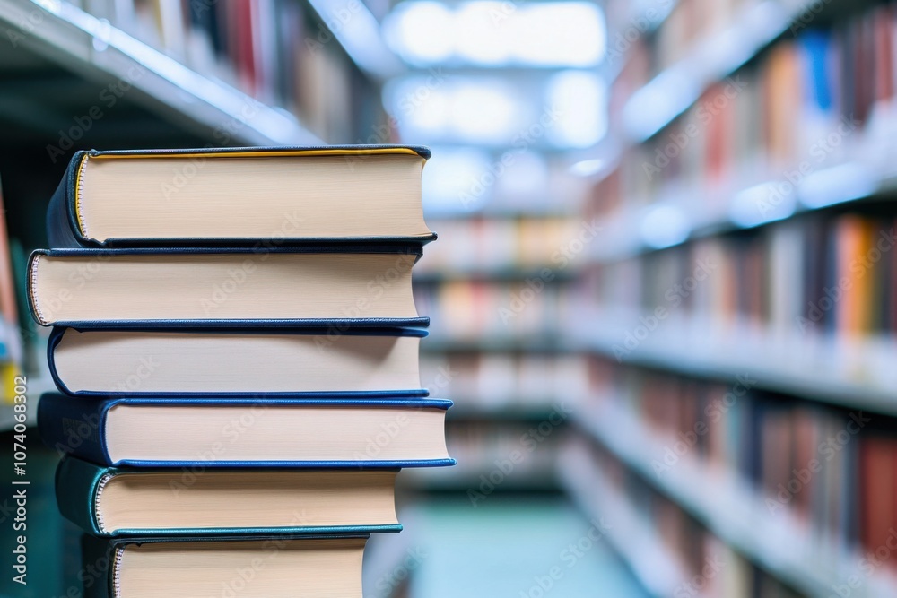 Stack of Hardcover Books on Library Shelf Stack of Hardcover Books on Library Shelf