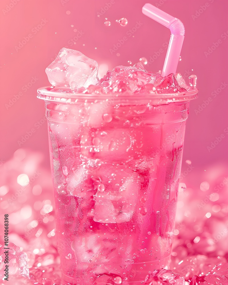 A refreshing pink drink with ice and a straw, splashing in a vibrant atmosphere.