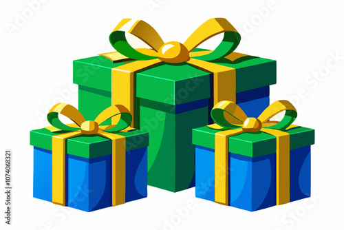  Nicely wrapped green and blue Christmas gift boxes with gold ribbons and bow 