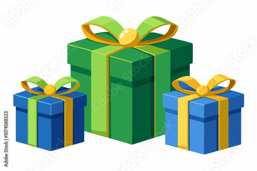  Nicely wrapped green and blue Christmas gift boxes with gold ribbons and bow 