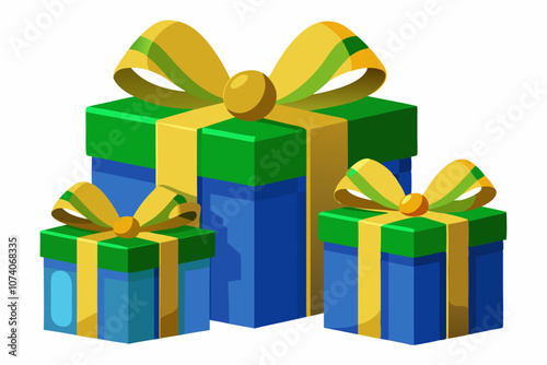  Nicely wrapped green and blue Christmas gift boxes with gold ribbons and bow 