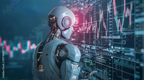 A Futuristic Robot Analyzing Complex Data Charts and Graphs on a Digital Display in a High-Tech Financial Environment During a Busy Trading Day