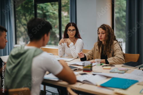 A group of university students are actively participating in a discussion during a study session. The setting is a modern classroom with natural light, fostering collaboration and learning.