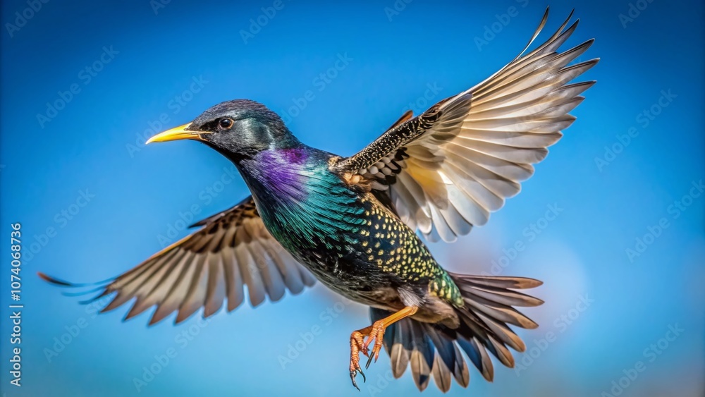 Fototapeta premium Captivating Starling in Flight: A Striking Image of Sturnus vulgaris with Ample Copy Space for Nature and Wildlife Projects
