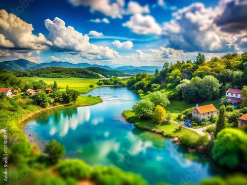 Captivating Tilt-Shift Photography Featuring a Watercolor Overlay that Blends Nature and Artistry in a Dreamlike Landscape Scene