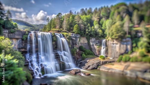 Captivating Tilt-Shift Photography of Upper Whitewater Falls in North Carolina's Lush Landscape, Showcasing the Natural Beauty and Serenity of This Majestic Waterfall