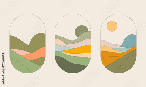Vector illustration. A colorful abstract composition of hillocks with different-colored balls. A harmonious palette of colors creates an attractive image of nature.