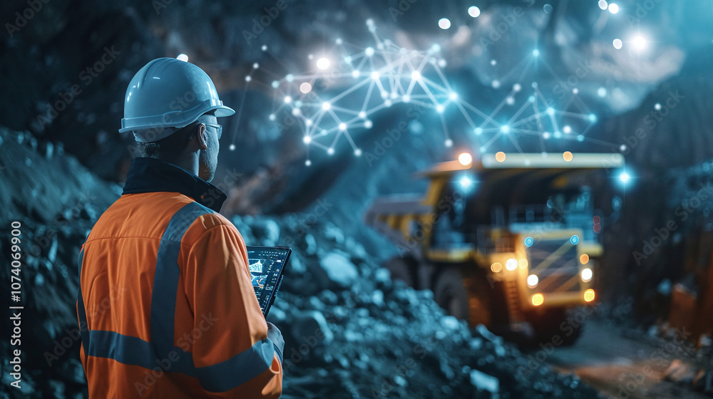 A Coal Miner Using a Tablet to Monitor Equipment Performance While Overseeing a Mining Operation in an Underground Site Illuminated by Artificial Lights