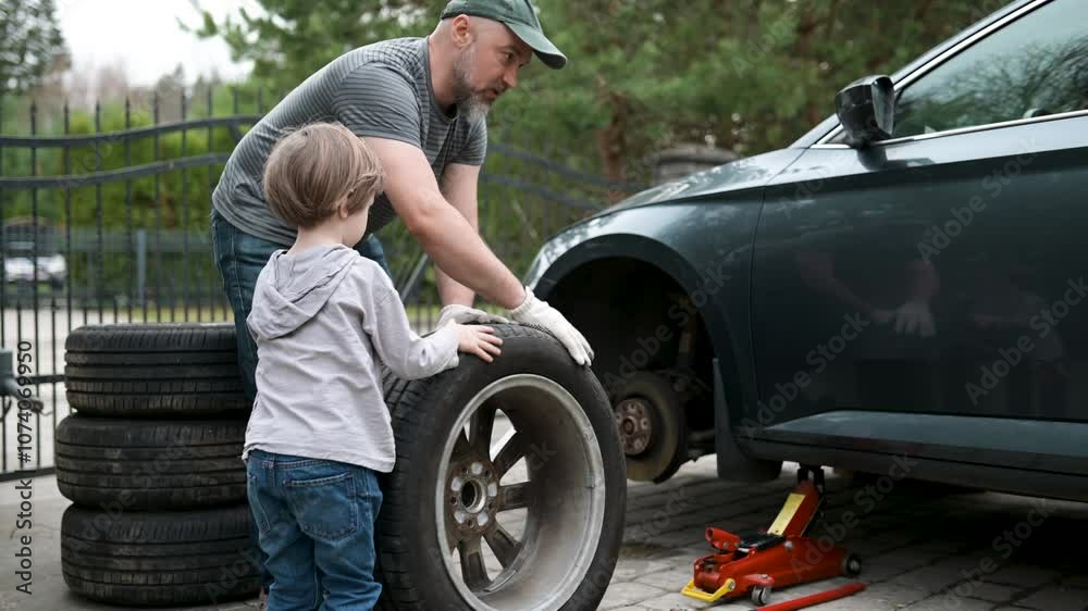 Cute toddler boy helping his father to change car wheels in their backyard. Father teaching his little son motor vehicle construction basics. Small child active parent. Slow motion summer day footage. Cute toddler boy helping his father to change car wheels in their backyard. Father teaching his little son motor vehicle construction basics. Small child active parent. Slow motion summer day footage.