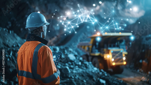 Obraz na płótnie A Coal Miner Using a Tablet to Monitor Equipment Performance While Overseeing a Mining Operation in an Underground Site Illuminated by Artificial Lights w salonie