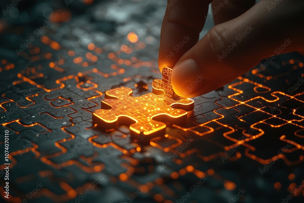 Glowing Puzzle Piece Being Placed in a Complex Pattern Glowing Puzzle Piece Being Placed in a Complex Pattern