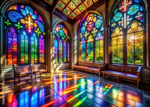 Captivating View of Colorful Stained Glass Windows Illuminating a Serene Interior Space with Vibrant Hues and Reflections Creating an Atmosphere of Tranquility