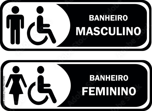 Placas para Banheiro Retangular, Masculino e Feminino. Nos tons Preto e Branco.