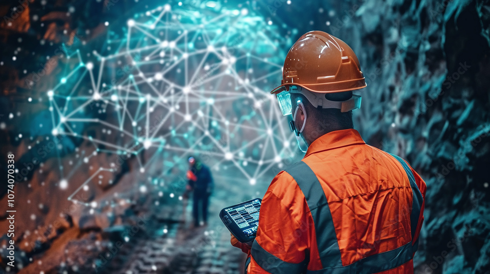 A Miner Uses a Tablet to Analyze Data in a Dimly Lit Underground Tunnel While Connected to a Digital Network, Showcasing the Future of Mining Technology in Real-Time Operations