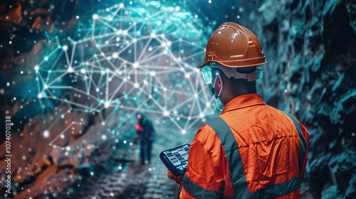 Obraz na płótnie A Miner Uses a Tablet to Analyze Data in a Dimly Lit Underground Tunnel While Connected to a Digital Network, Showcasing the Future of Mining Technology in Real-Time Operations w salonie