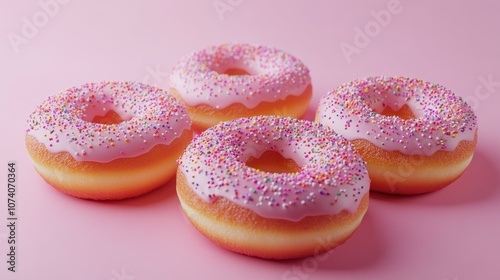 Four Pink Glazed Donuts with Sprinkles on a Pink Background