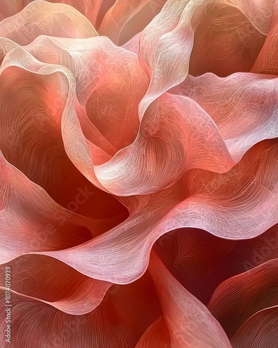 Abstract close-up of delicate, translucent petals in shades of coral and pink, creating a soft and textured visual that evokes a sense of warmth and tranquility.