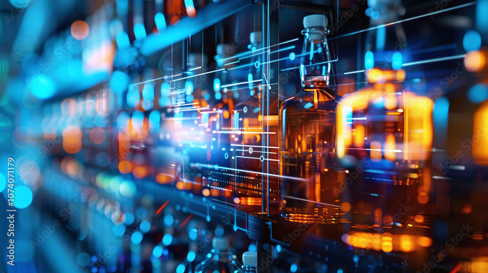 Bottles of Various Liquids Displayed on Shelves With Vibrant Lighting in a Modern Setting, Illuminated With Dynamic Technology Patterns, Capturing a Sense of Innovation and Sophistication Bottles of Various Liquids Displayed on Shelves With Vibrant Lighting in a Modern Setting, Illuminated With Dynamic Technology Patterns, Capturing a Sense of Innovation and Sophistication