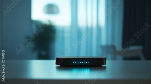A black internet router with blue lights on a white table in a modern living room.