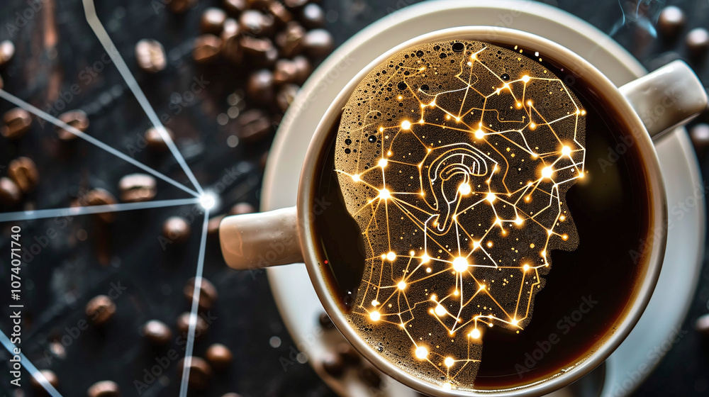 A Steaming Cup of Coffee Sitting on a Table Surrounded by Coffee Beans, With an Artistic Representation of a Human Head Infused Into the Coffee Surface, Symbolizing Creativity and Thought A Steaming Cup of Coffee Sitting on a Table Surrounded by Coffee Beans, With an Artistic Representation of a Human Head Infused Into the Coffee Surface, Symbolizing Creativity and Thought