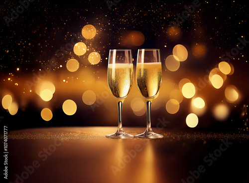 Two champagne flutes filled with sparkling wine sit on a table with warm, glittering lights in the background.