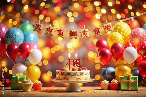 Celebrate a Joyful Birthday with Vibrant Chinese Characters and Bokeh Effect for a Festive Touch to Your Special Day