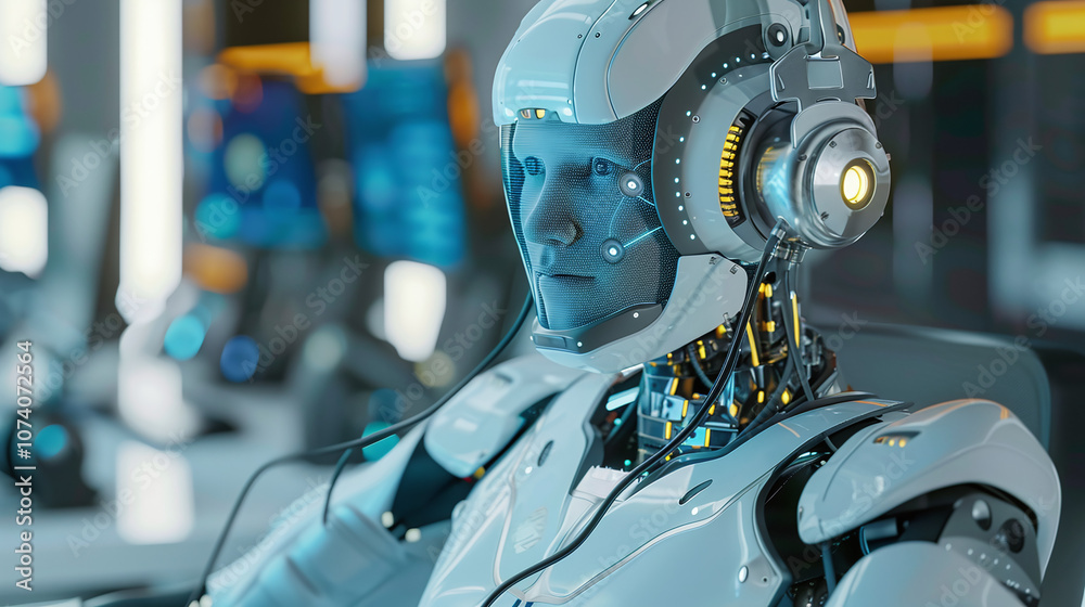 A Humanoid Robot With a Sleek Design and Advanced Features Sits Attentively in a High-Tech Control Room, Fully Engaged in Its Task Amidst Digital Interfaces and Glowing Monitors A Humanoid Robot With a Sleek Design and Advanced Features Sits Attentively in a High-Tech Control Room, Fully Engaged in Its Task Amidst Digital Interfaces and Glowing Monitors