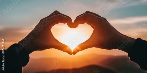 A close-up of hands forming a heart shape in front of a rising sun