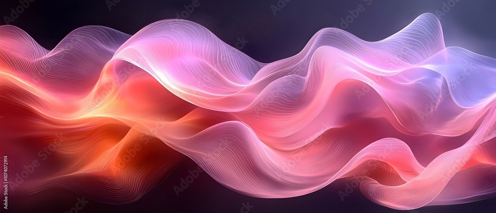Abstract wavy lines in vibrant colors create a sense of motion and fluidity, evoking emotions of calmness and serenity. Soft hues of pink, orange, and purple blend harmoniously. Abstract wavy lines in vibrant colors create a sense of motion and fluidity, evoking emotions of calmness and serenity. Soft hues of pink, orange, and purple blend harmoniously.