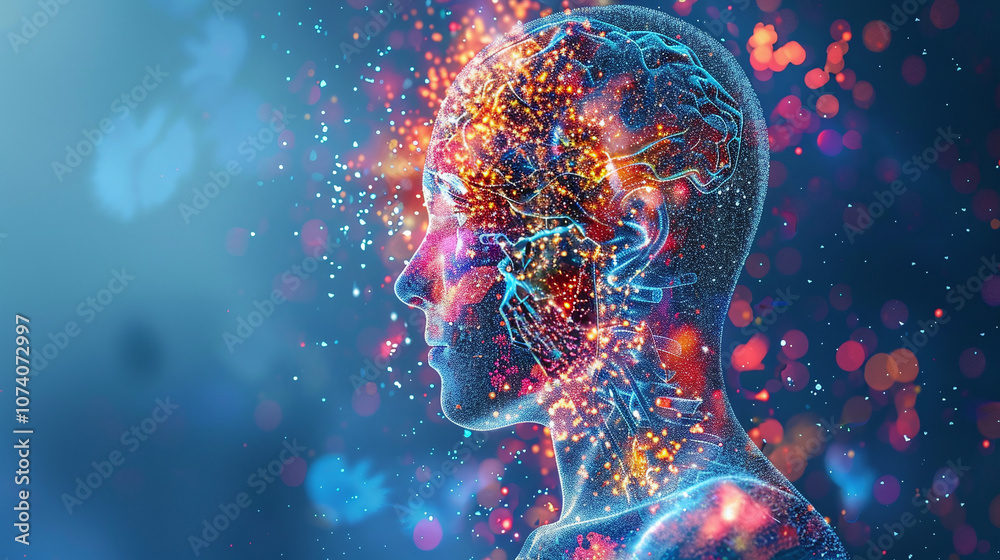A Digital Representation of Human Consciousness Shows Intricate Patterns and Vibrant Colors Flowing From the Brain Against a Blurred, Ethereal Background in a Creative Depiction of Thought