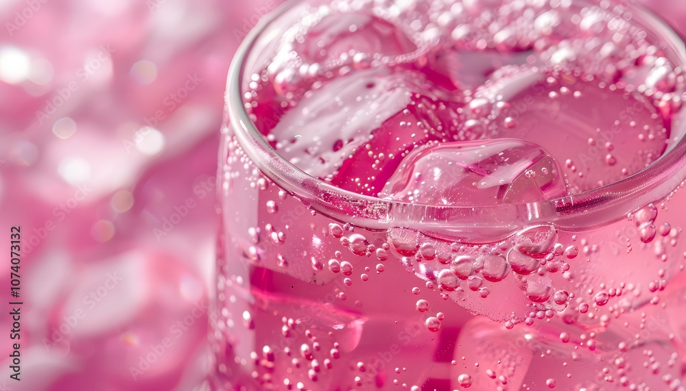 A close-up of a pink fizzy drink with ice cubes and bubbles in a glass. A close-up of a pink fizzy drink with ice cubes and bubbles in a glass.