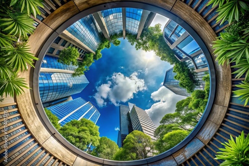 Circular Logo Design Featuring Blue Building and Tree Elements Emphasizing Nature and Urban Life in a Modern Aesthetic for Branding and Marketing Purposes