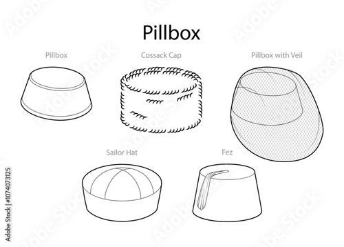 Set of Pillbox shape Hats with name text - Sailor Doughboy Fez Cossack with Veil. Head Fashion accessory cap clothing technical illustration. Vector headgear, flat template CAD mockup sketch isolated