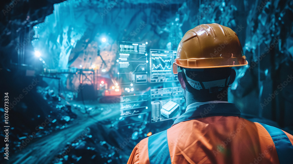 A Mining Engineer Observes Data While Monitoring Operations Inside a High-Tech Cavern During Nighttime at a Mineral Extraction Site