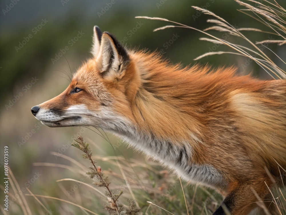 Fototapeta premium Close-Up Macro Shot of Beautiful Red Fox Fur Blowing in the Wind, Capturing the Luxury of Nature in Low Light Photography with Abstract Animation Effects
