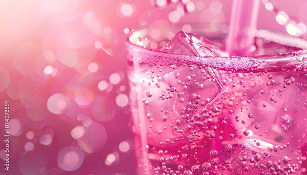 A close-up of a pink fizzy drink with ice and bubbles against a soft, blurred background. A close-up of a pink fizzy drink with ice and bubbles against a soft, blurred background.